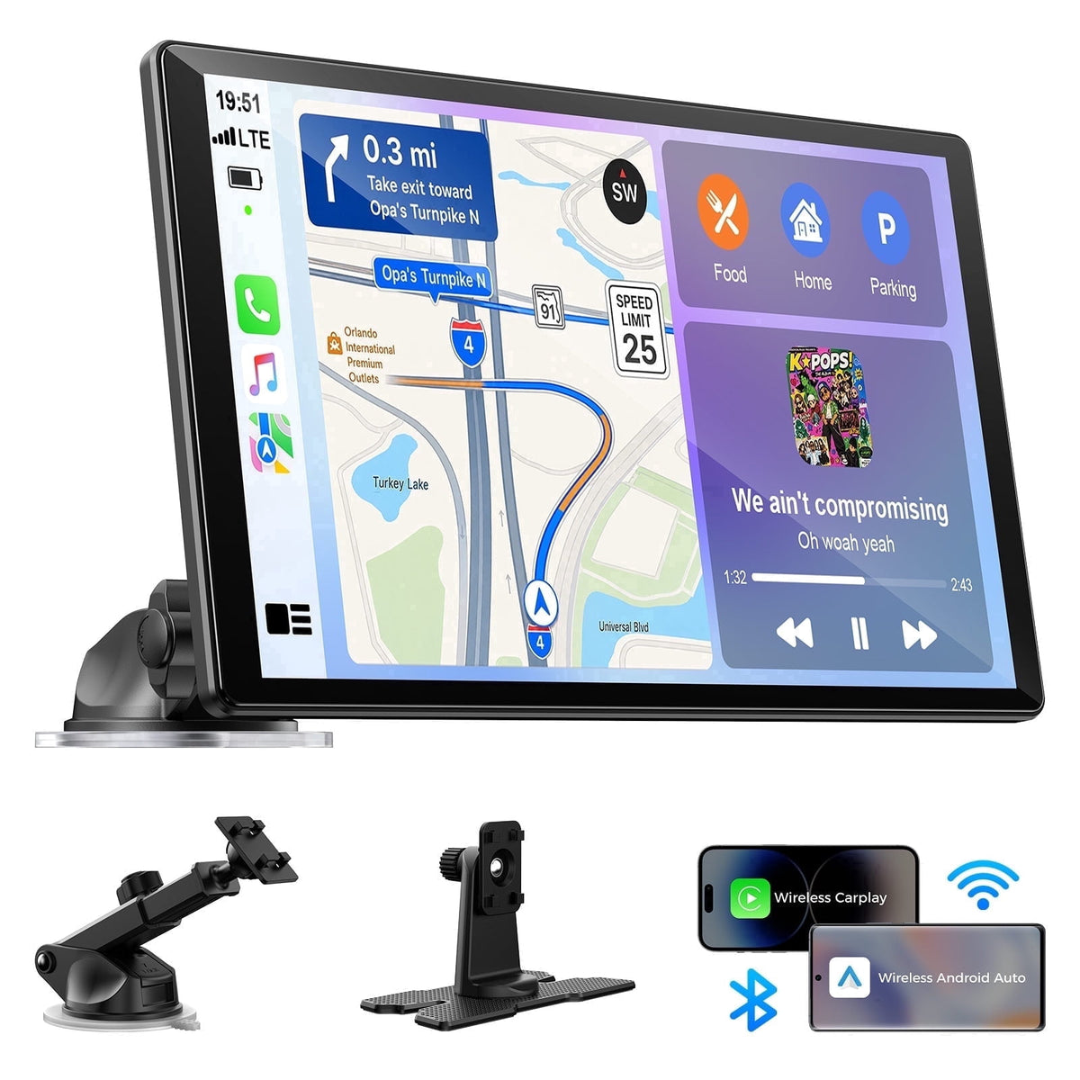 LAMTTO 10.1" Portable Wireless CarPlay Screen for Old Vehicle with Super Link Mirroring, Apple CarPlay & Android Auto, Bluetooth, FM, AUX, Navigation