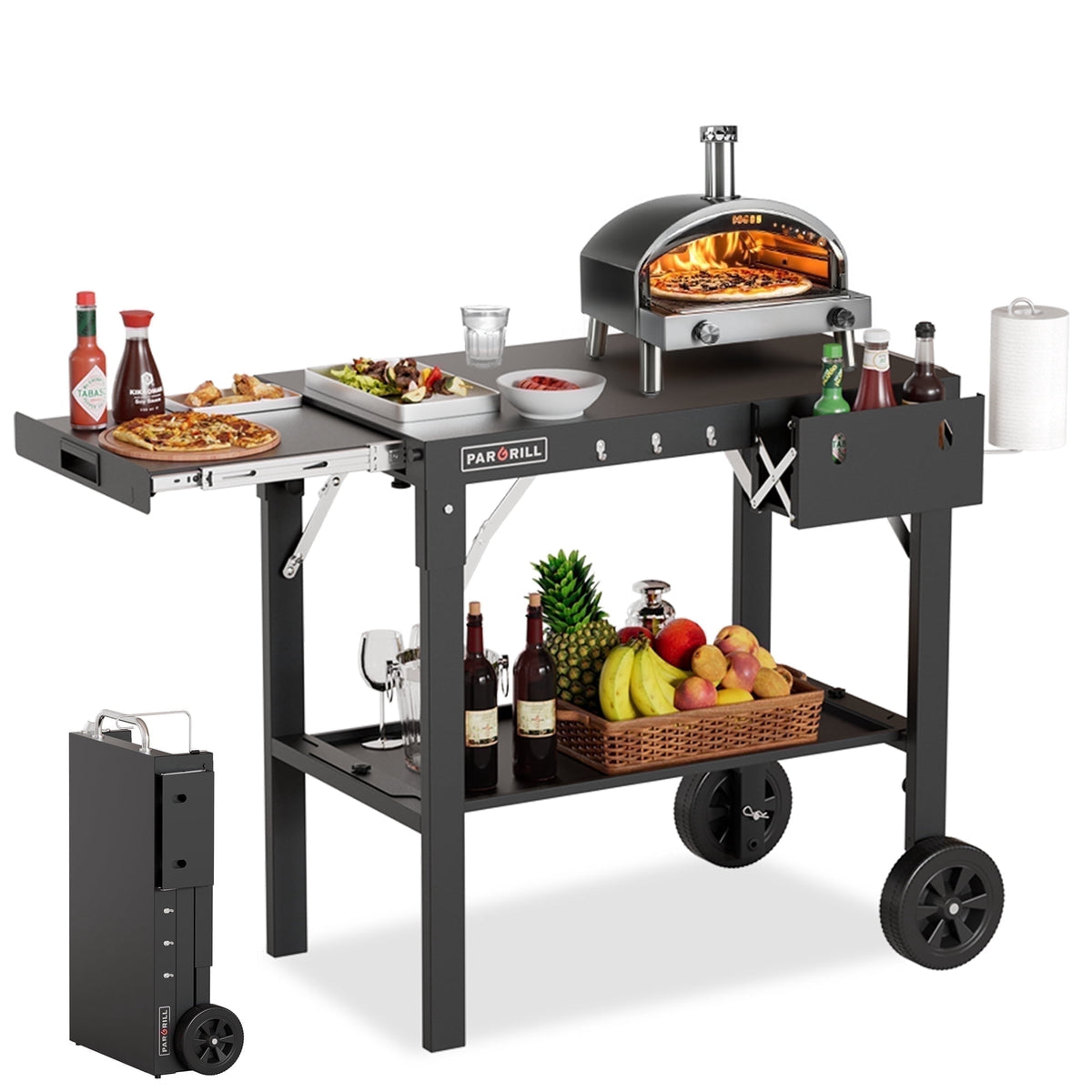 PARGRILL Outdoor Folding Grill Cart with Pull-Out Side Table, Griddle Stand Fit 17 Inch or 22 Inch, Portable Stainless Steel BBQ Prep Station with