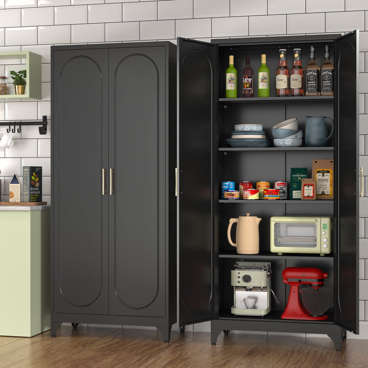 Polup Modern Tall Metal Kitchen Storage Pantry Cabinet, 75" H, Adjustable Shelves, Doors, Black