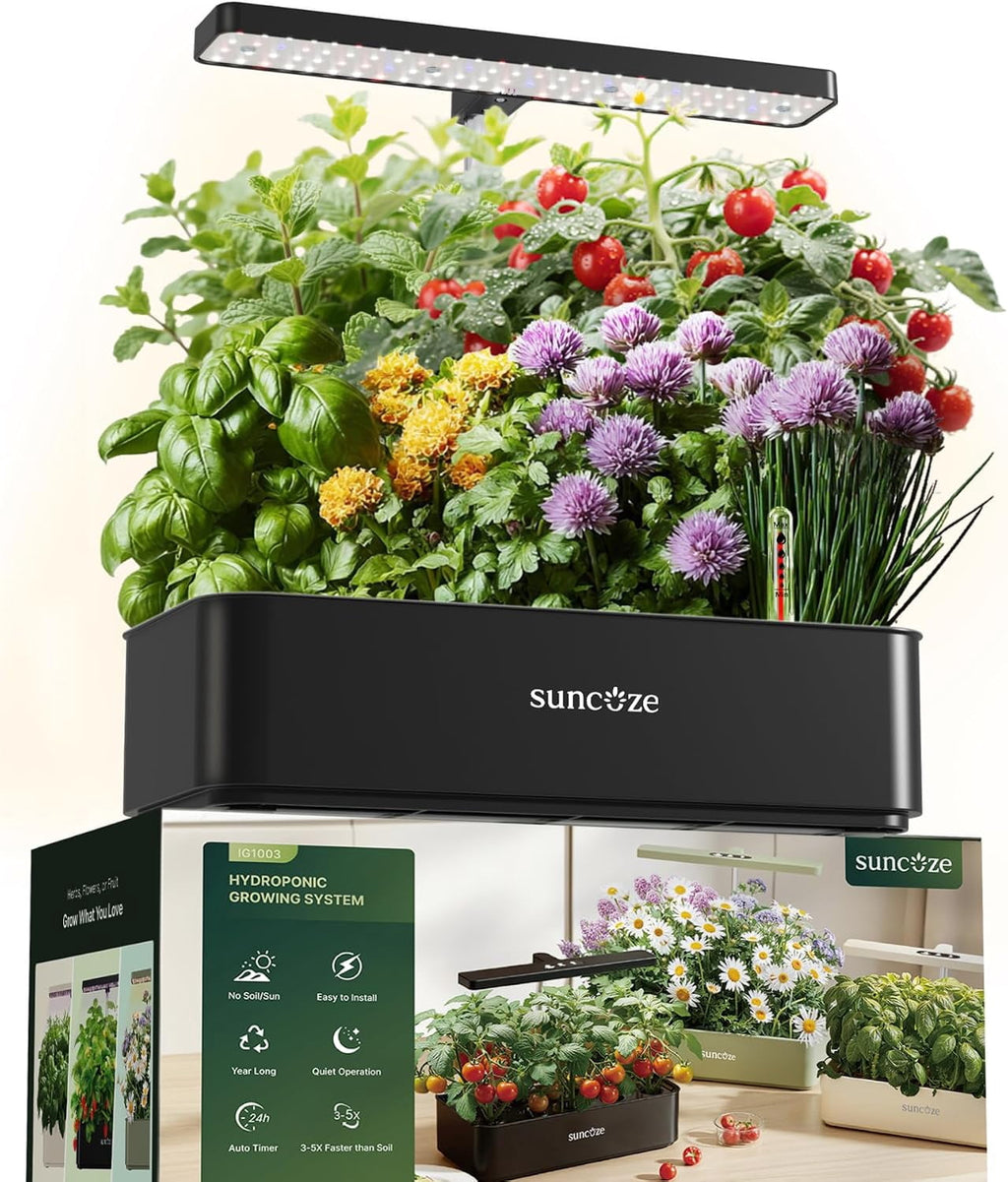 SUNCOZE 12 Pod Hydroponic Growing System, Indoor Herb Garden with 24W Powerful Output, 4L Water Tank, Black