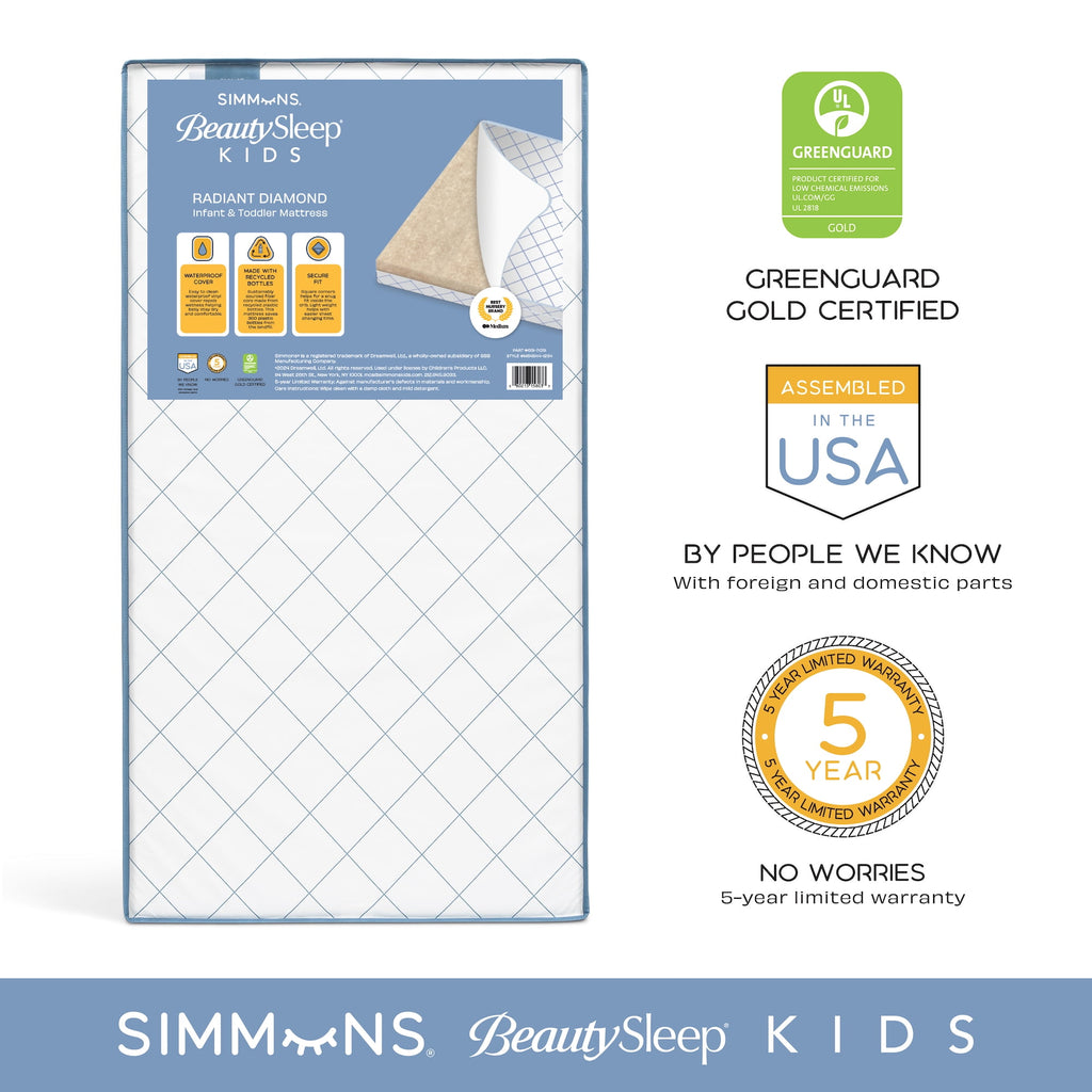 Simmons BeautySleep Kids Extra Firm Crib and Toddler Mattress, GREENGUARD Gold Certified, Sustainable Fiber Core, Waterproof, White/Blue