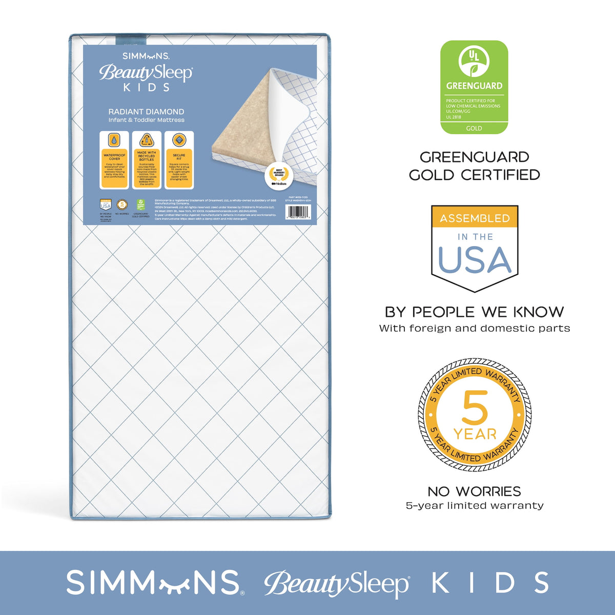 Simmons BeautySleep Kids Extra Firm Crib and Toddler Mattress, GREENGUARD Gold Certified, Sustainable Fiber Core, Waterproof, White/Blue