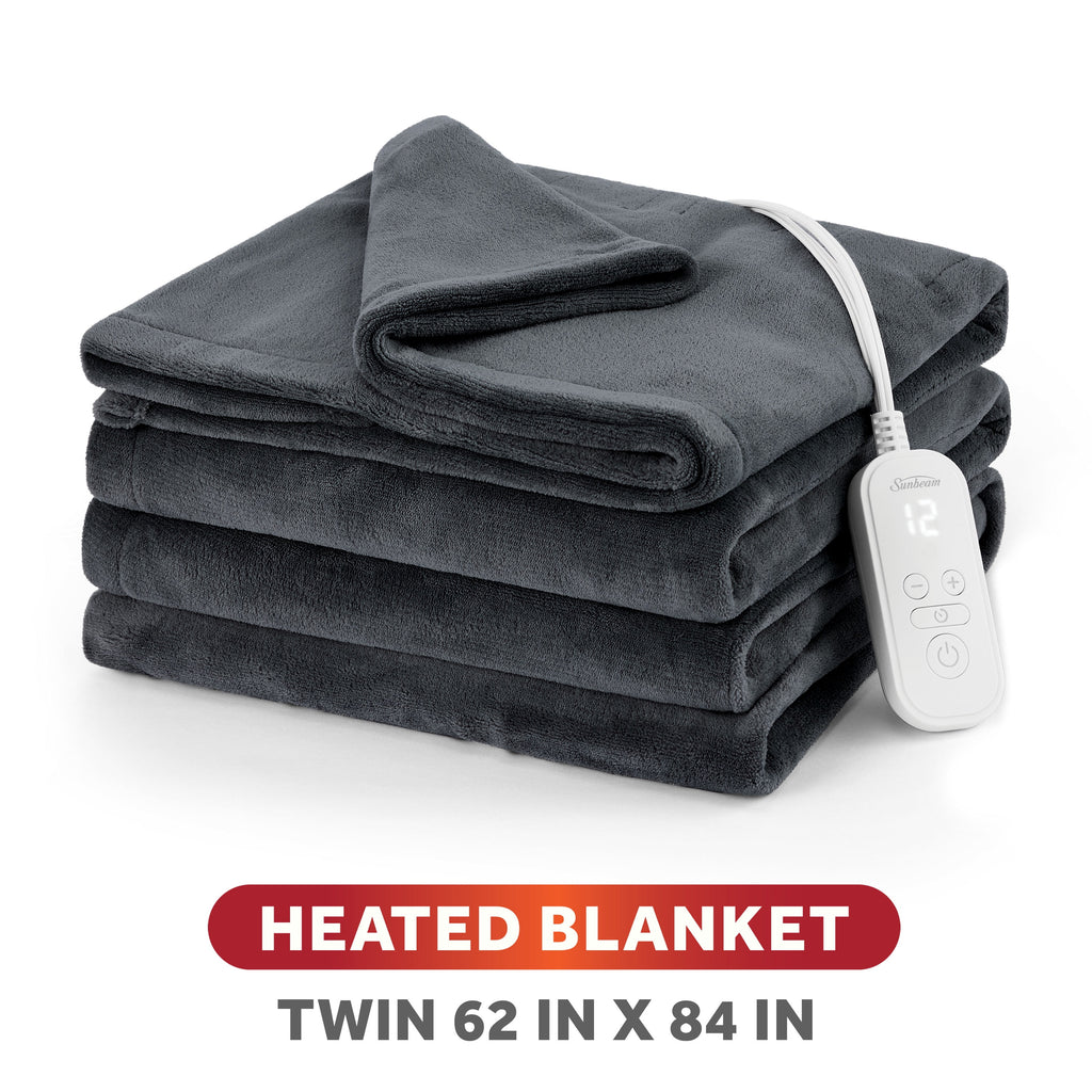 Sunbeam Heated Electric Microplush Bed Blanket, Greystone, Twin Size, 12 Heat Settings, 62 x 84 in