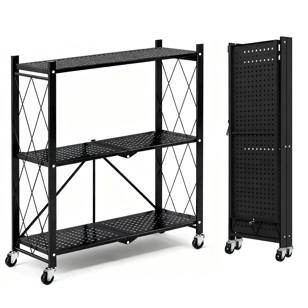 TAIMASI 3-Tier Foldable Metal Shelf with Wheels, Heavy-Duty Movable Wire Rack for Garage, Kitchen, Basement, Pantry Storage, 28''L x 13.4''W x