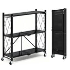 TAIMASI 3-Tier Foldable Metal Shelf with Wheels, Heavy-Duty Movable Wire Rack for Garage, Kitchen, Basement, Pantry Storage, 28''L x 13.4''W x