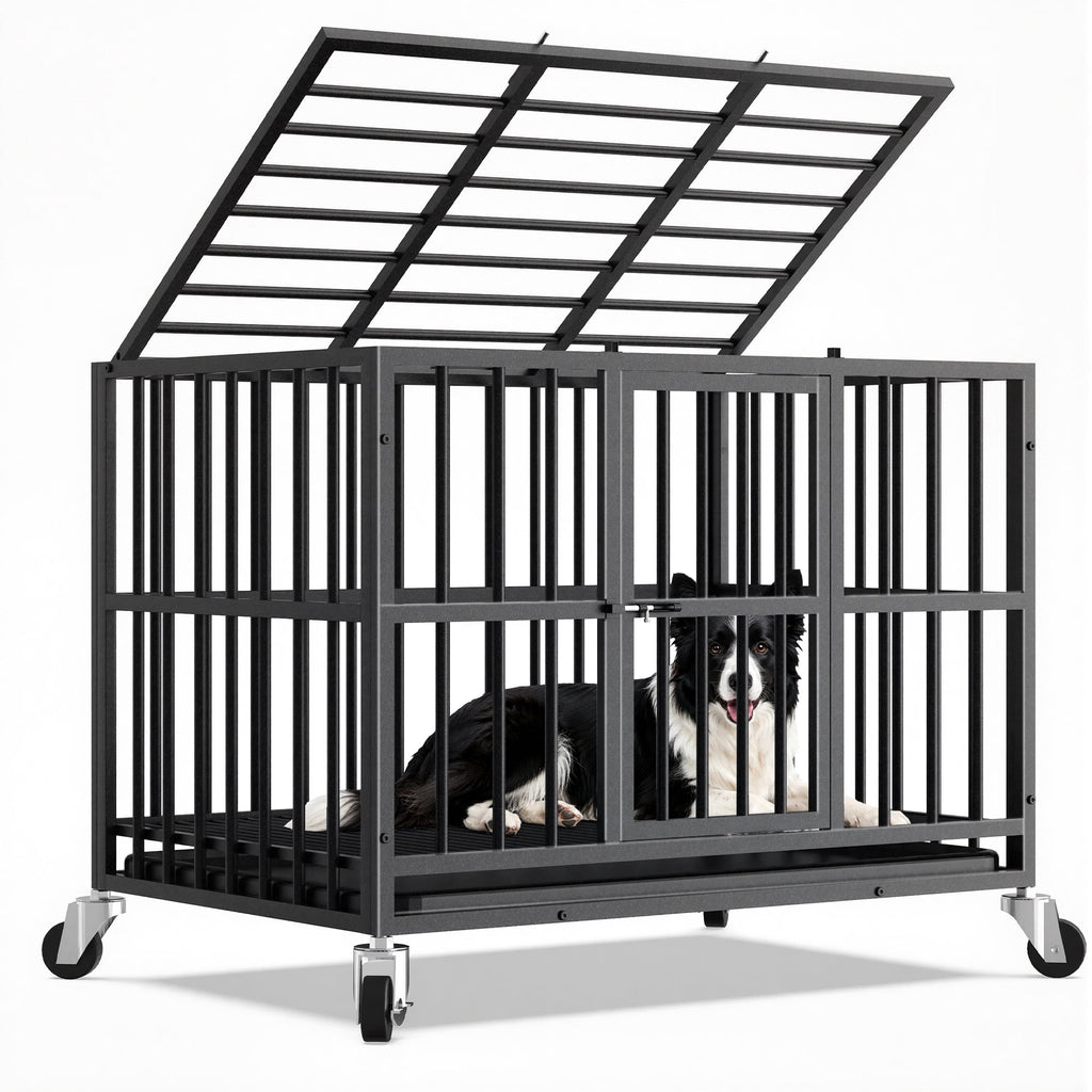 Time Ray 38 inch Dog Crate for Medium Dog with Steel Escape Proof,Heavy Duty Indestructible Dog Kennel with Double Doors,Lockable Wheels and