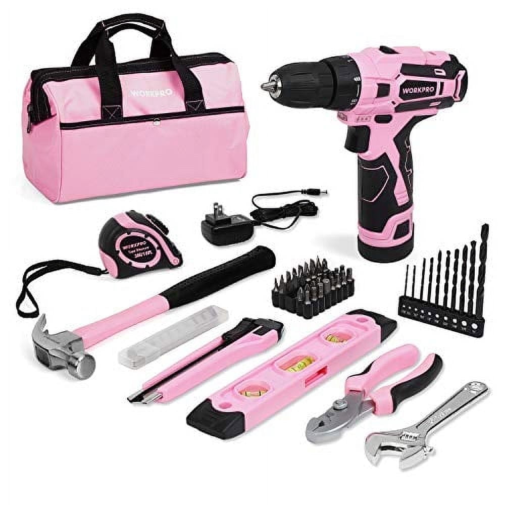WORKPRO 12V Cordless Drill Driver Kit, Power Tool Kit for Home, 61-Piece Hand Tool Set, 14-inch Storage Bag, 1.5Ah Lithium-ion Battery & Charger