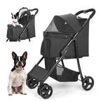Wedyvko 4 Wheel Foldable Pet Stroller With Storage Basket For Small Medium Dogs & Cats - Black