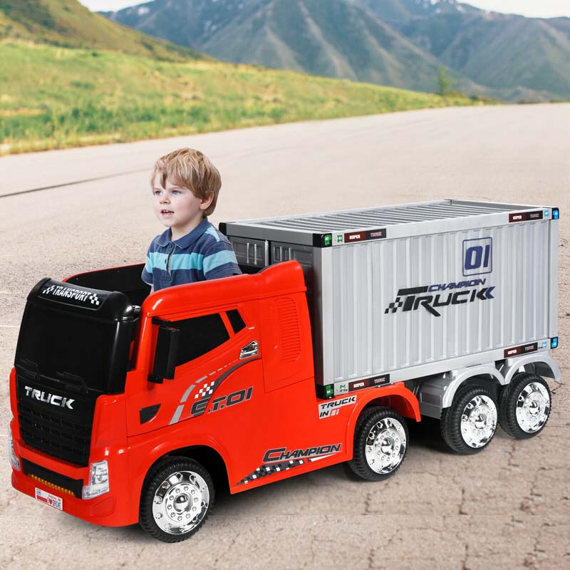 Kids Ride-On Semi-Truck With Detachable Container, 8 Wheels, 12V 7Ah Battery And Remote Control