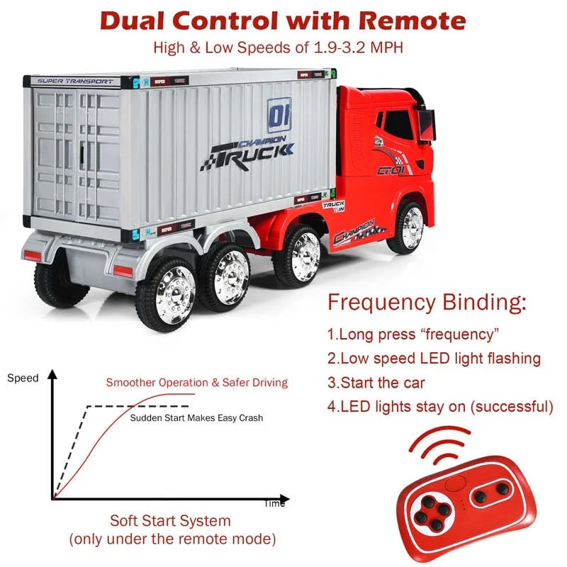 Kids Ride-On Semi-Truck With Detachable Container, 8 Wheels, 12V 7Ah Battery And Remote Control