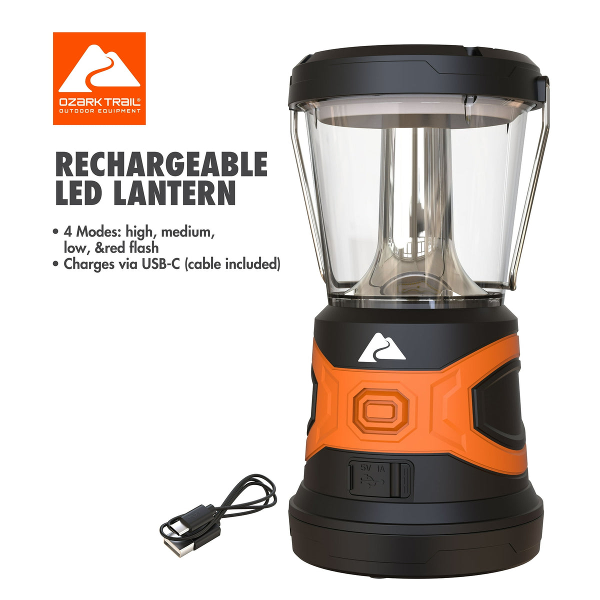 Ozark Trail LED Rechargeable Camping Lantern, 3000 Lumens, IPX4 Water Resistant, 4 Modes, USB-C Charging