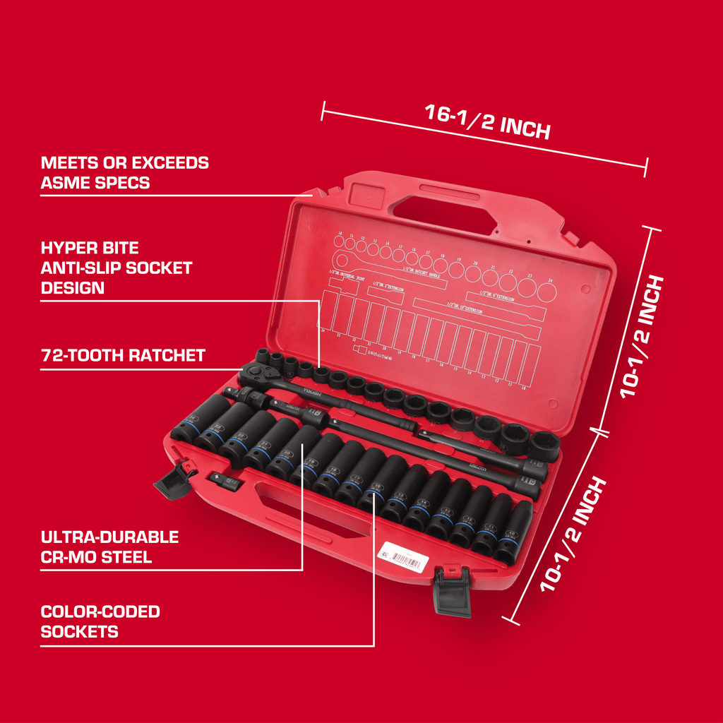 Hyper Tough 36-Piece 1/2-inch Drive Metric CRMO Impact Socket Set (mm)
