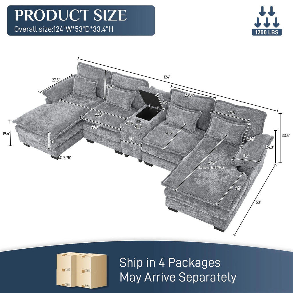 Wiilayok U-Shaped Modular Sectional Sofa, 124 inch Extra Deep Chenille, Storm Gray
