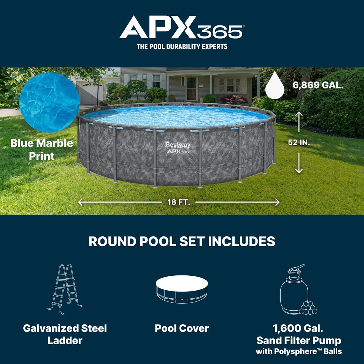 Bestway Above Ground Pool Set, 18 ft x 52 in, Dark Marble - APX 365