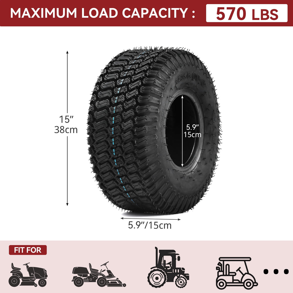 Uforic Set of 2 15x6.00-6 Lawn Mower Turf Tires, Heavy Duty 4 Ply Tubeless Replacement Tires, 570 LBS Max Load Capacity for Riding Lawn Tractors &