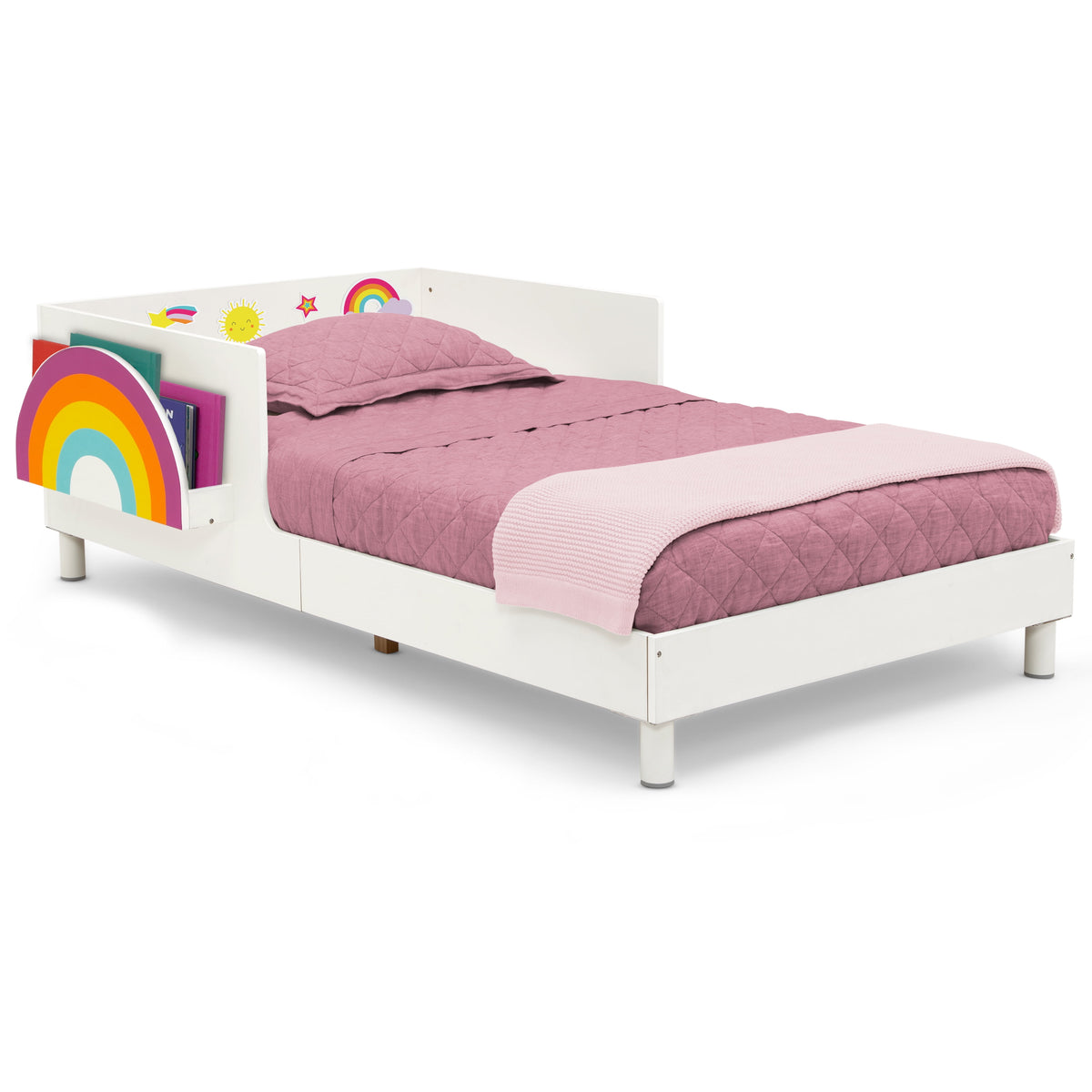 Delta Children Sleep N Store Toddler Bed with Interchangeable Shelf (Choose from Rainbow, Dinosaur or White Shelf), White