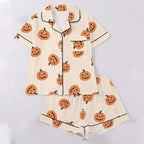 CUZIBR Girls Halloween Pajamas Sets Soft Comfortable Ghost Pumpkin Lapel Button Short Sleeve Shirt Elastic Waist Shorts 2 Pieces Sleep Loungewear Relaxed Sleepwear Outfits, Orange-C