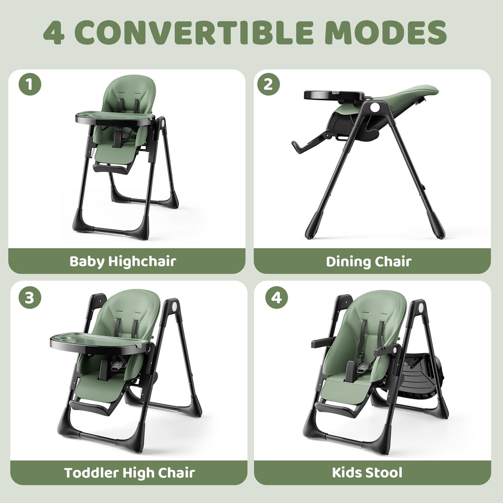 AILEEKISS Foldable High Chair for Baby, Toddler Eating Chair with Detachable Double Trays, Green