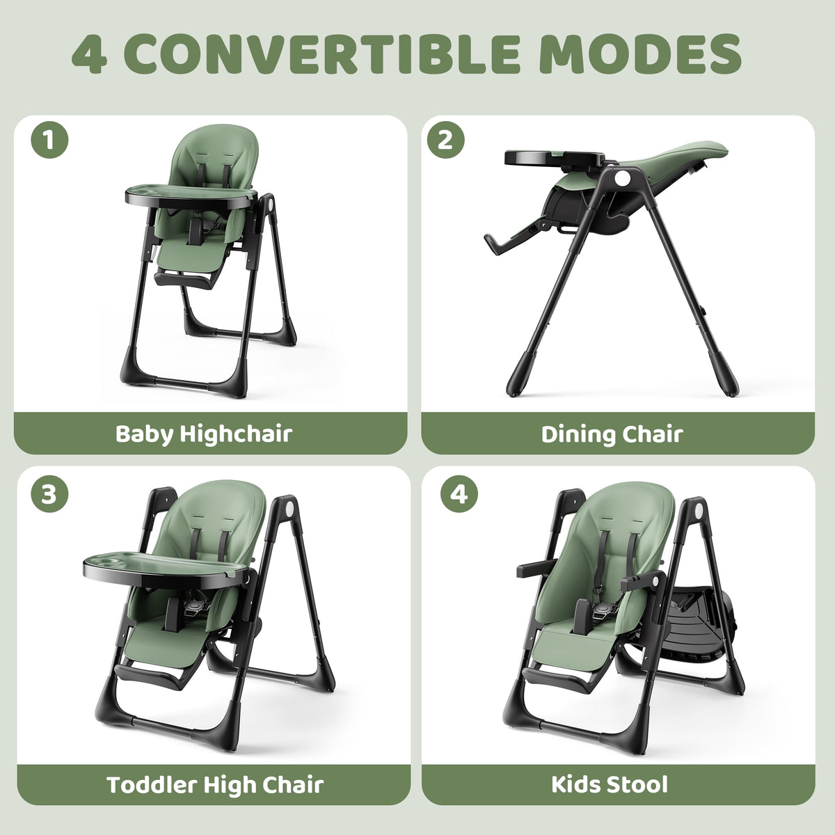 AILEEKISS Foldable High Chair for Baby, Toddler Eating Chair with Detachable Double Trays, Green