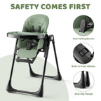 AILEEKISS Foldable High Chair for Baby, Toddler Eating Chair with Detachable Double Trays, Green