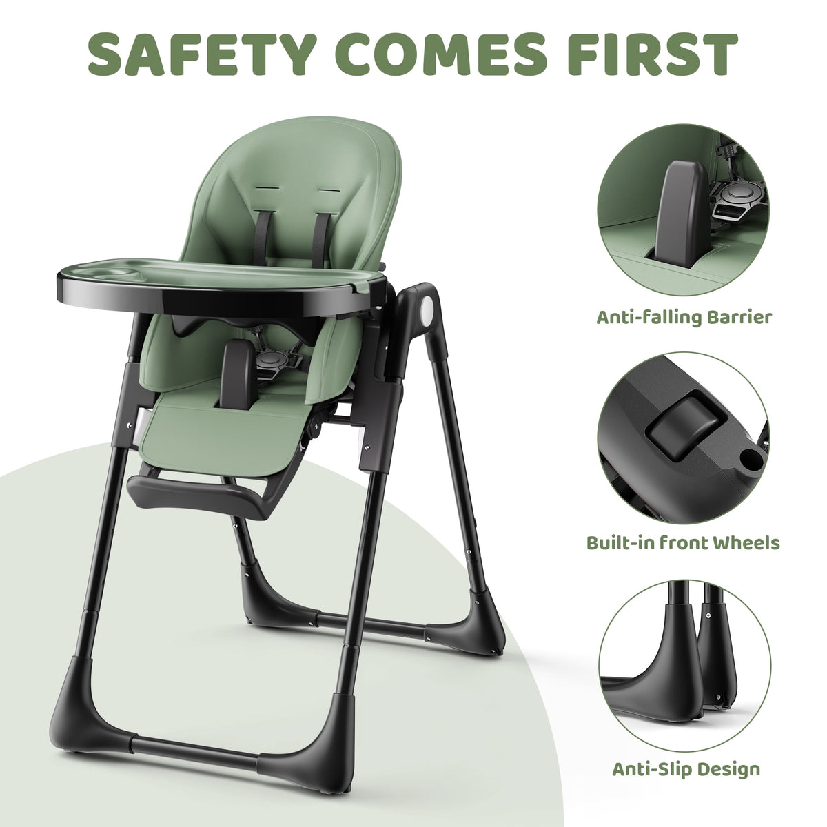 AILEEKISS Foldable High Chair for Baby, Toddler Eating Chair with Detachable Double Trays, Green