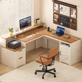 63in Farmhouse L-Shaped Executive Desk With Drawers, Storage Shelf And Power Outlets - Antique White