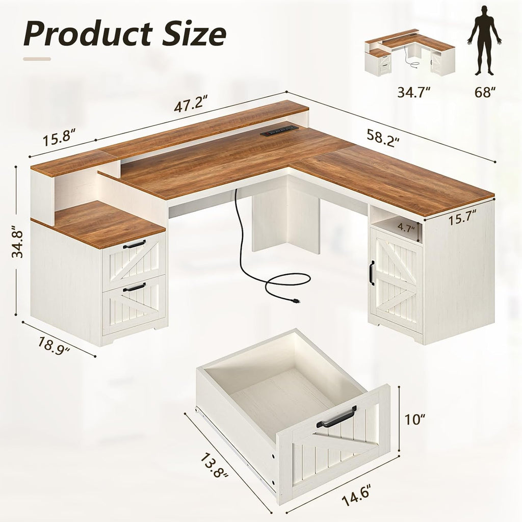 63in Farmhouse L-Shaped Executive Desk With Drawers, Storage Shelf And Power Outlets - Antique White