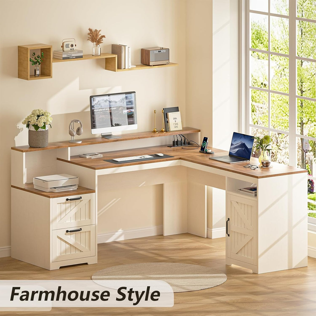 63in Farmhouse L-Shaped Executive Desk With Drawers, Storage Shelf And Power Outlets - Antique White