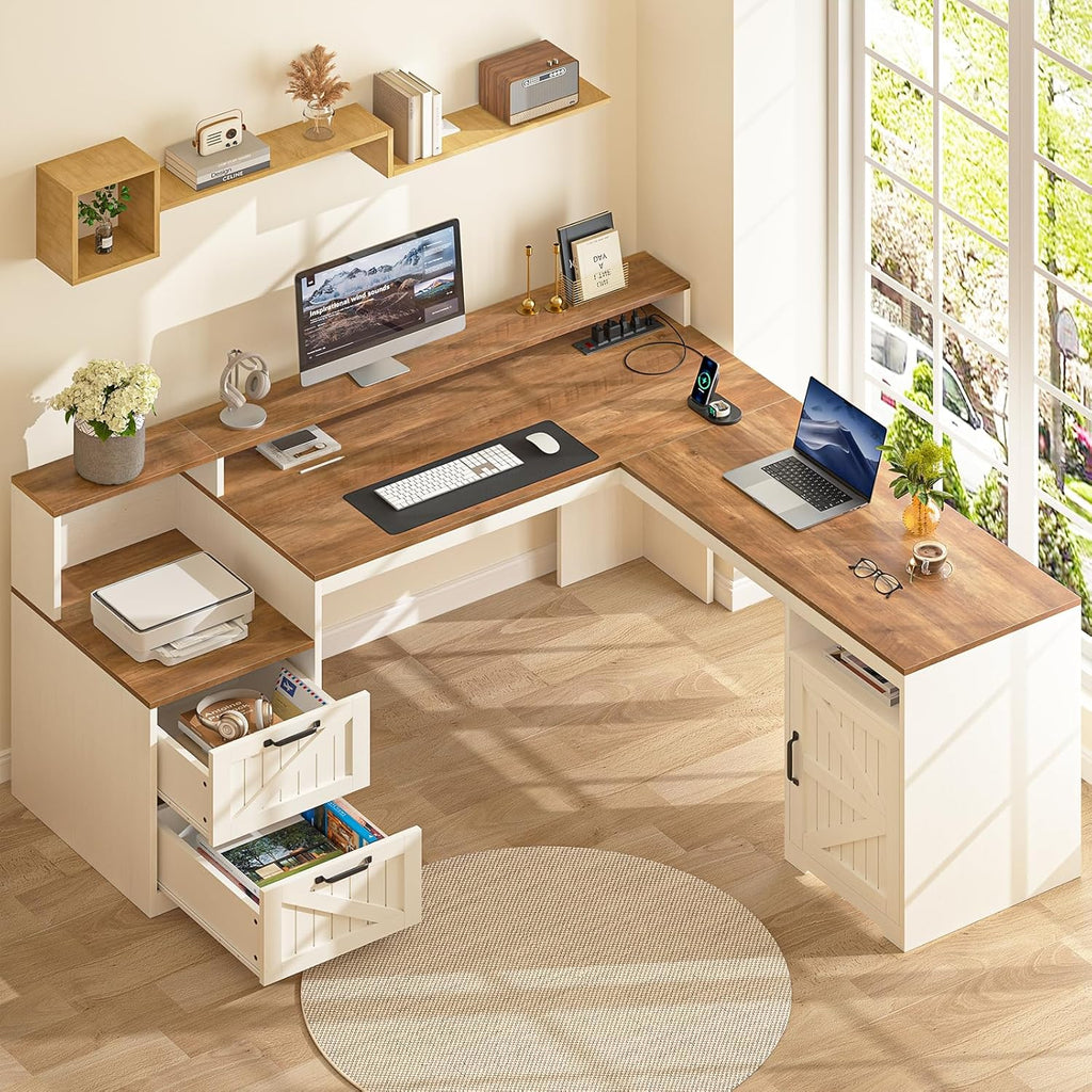 63in Farmhouse L-Shaped Executive Desk With Drawers, Storage Shelf And Power Outlets - Antique White