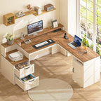 63in Farmhouse L-Shaped Executive Desk With Drawers, Storage Shelf And Power Outlets - Antique White