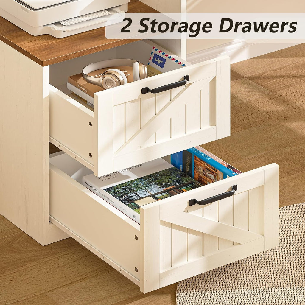 63in Farmhouse L-Shaped Executive Desk With Drawers, Storage Shelf And Power Outlets - Antique White