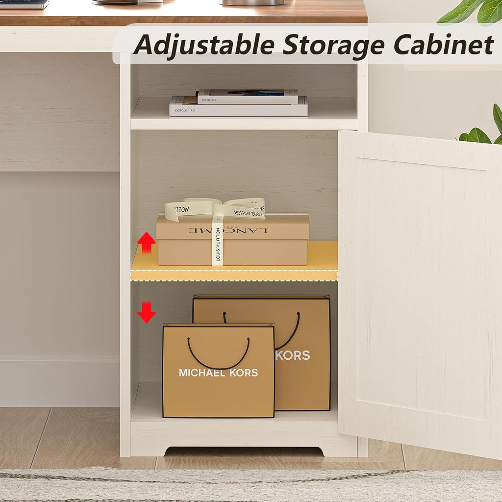 63in Farmhouse L-Shaped Executive Desk With Drawers, Storage Shelf And Power Outlets - Antique White