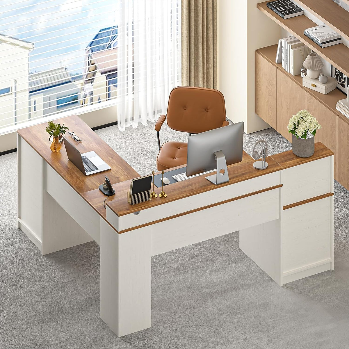 63in Farmhouse L-Shaped Executive Desk With Drawers, Storage Shelf And Power Outlets - Antique White