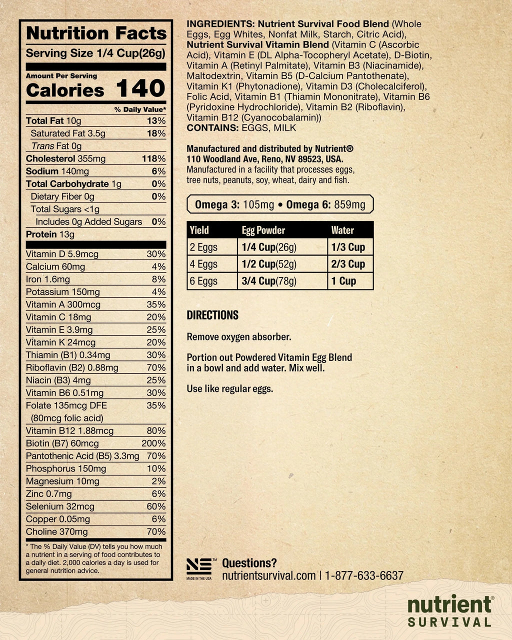 Nutrient Survival Vitamin Powdered Egg Blend, 70 Egg Equivalent, 33 Nutrients, Gluten Free, Up To 25 Year Shelf Life