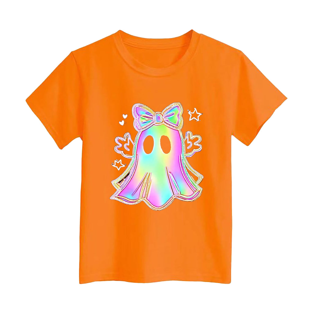 CAUYDY Halloween Ghouls Ghost Retro Girl Kids T-Shirt Graphic Tshirt Little Kids Fall Short Sleeve Tee Tops(Orange, 8-9 Y)