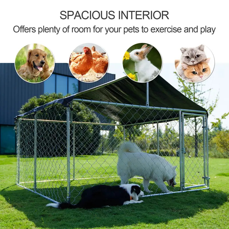 Petony Outdoor Dog Kennel With UV And Water Resistant Roof Cover, Chain-Link Fence And Swing Gate