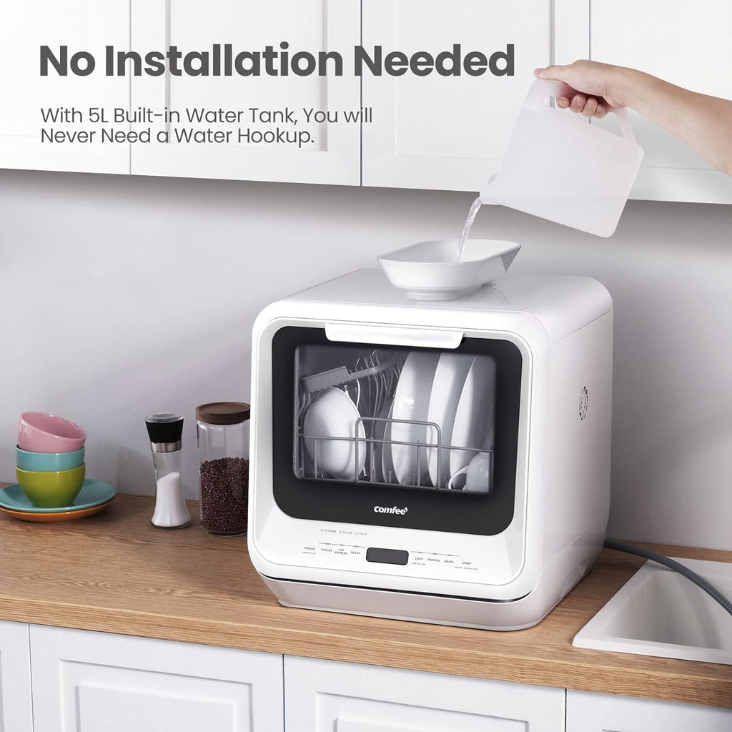 COMFEE' Portable Countertop Dishwasher, 5L Built-In Water Tank, 6 Programs, White - CDC17P0AWB