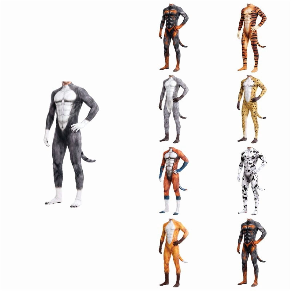 Krdevn Men 3D Animal Cosplay Bodysuit, Full‑Body Stretch Jumpsuit Costume with Tail for Halloween