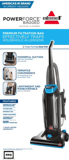 BISSELL PowerForce Bagged, Upright Vacuum, Powerful Suction, Allergen Filtration Bags, Flexible Reach, 1739, Black & Blue