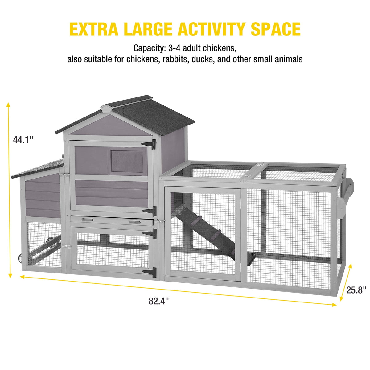 Aivituvin 82.4" Chicken Coop with Wheels, Large Hen House with Run, Chicken Cage for 4-6 Chickens, Weatherproof Asphalt Roof, Nesting Box & Pull-Out