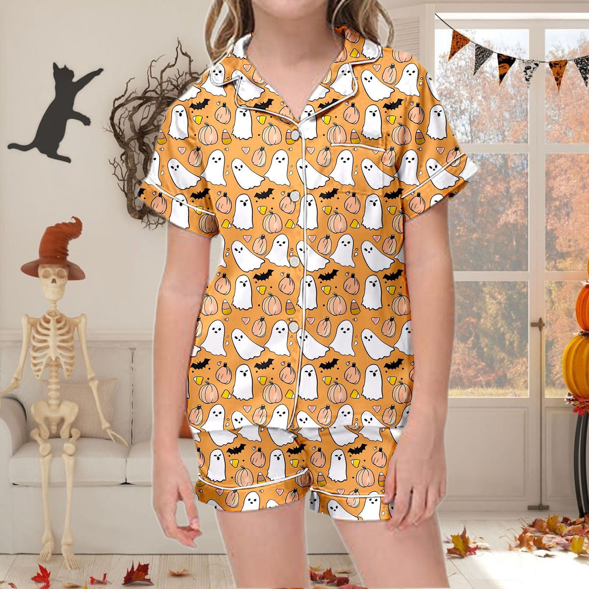 CUZIBR Girls Halloween Pajamas Sets Soft Comfortable Ghost Pumpkin Lapel Button Short Sleeve Shirt Elastic Waist Shorts 2 Pieces Sleep Loungewear Relaxed Sleepwear Outfits, Orange-C