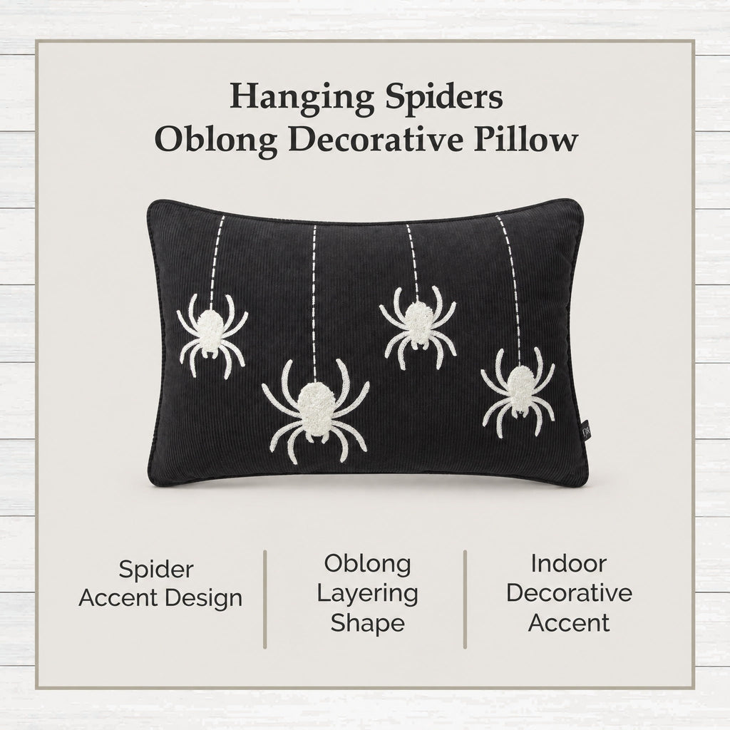 My Texas House Halloween Hanging Spiders Oblong Decorative Pillow, Black and Ivory, 14" x 20"