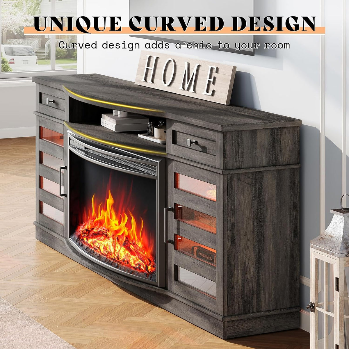 AMERLIFE 70in Farmhouse Fireplace TV Stand With 36in Curved Electric Fireplace, 2 Drawers, Wash Gray
