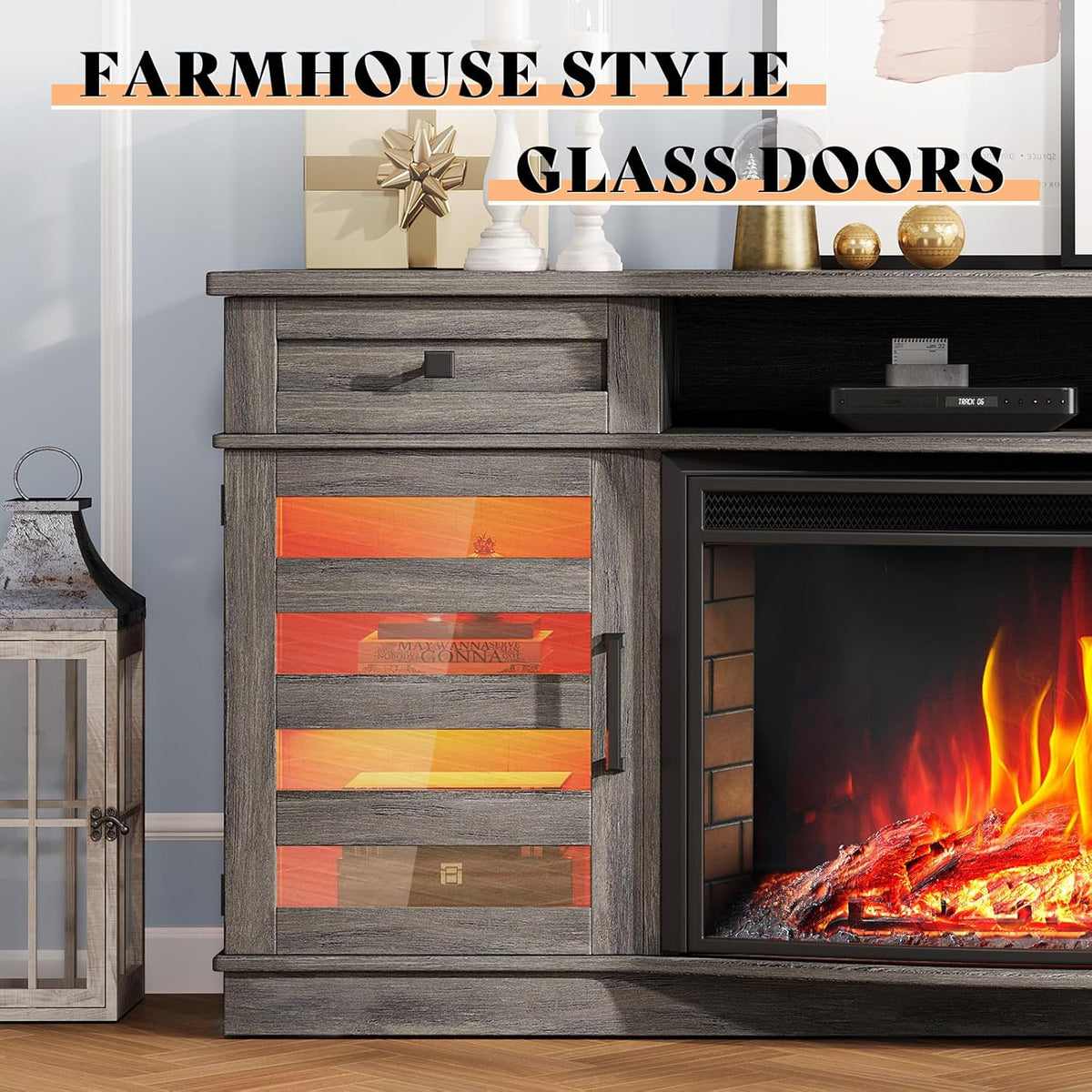 AMERLIFE 70in Farmhouse Fireplace TV Stand With 36in Curved Electric Fireplace, 2 Drawers, Wash Gray