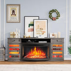 AMERLIFE 70in Farmhouse Fireplace TV Stand With 36in Curved Electric Fireplace, 2 Drawers, Wash Gray