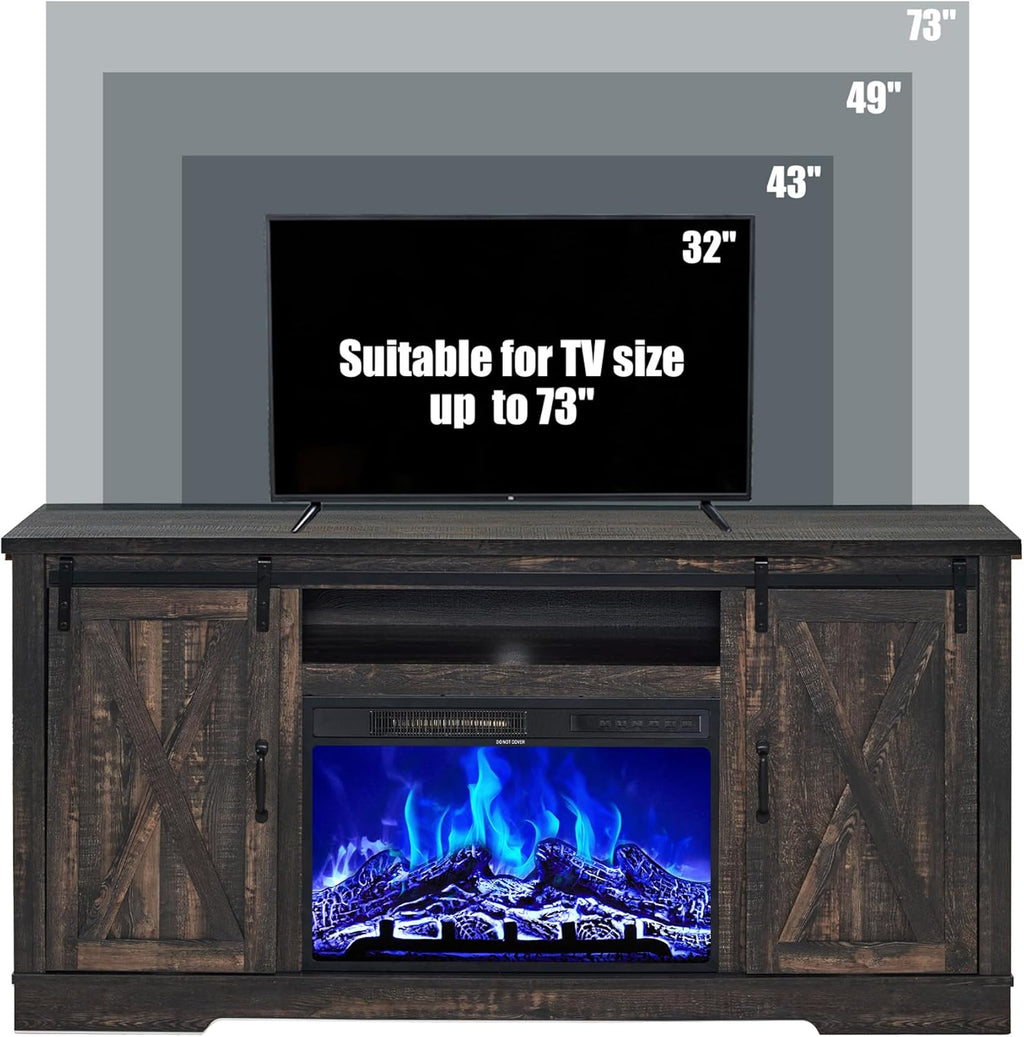 AMERLIFE Fireplace TV Stand With Sliding Barn Door, 63in Dark Rustic Oak - For TVs Up To 73in