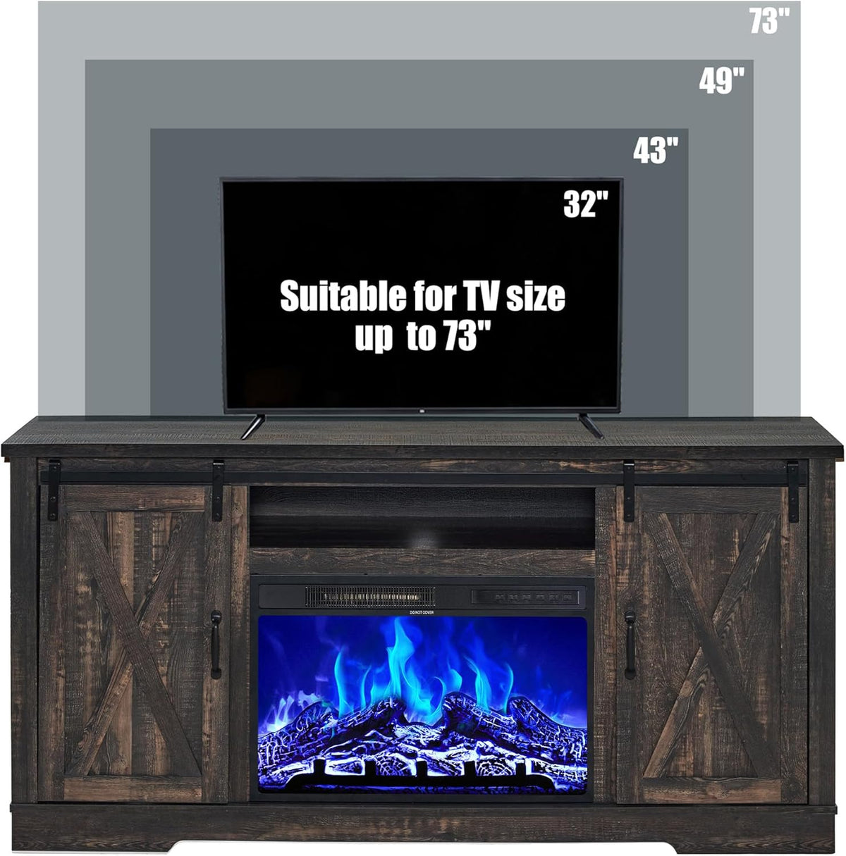 AMERLIFE Fireplace TV Stand With Sliding Barn Door, 63in Dark Rustic Oak - For TVs Up To 73in