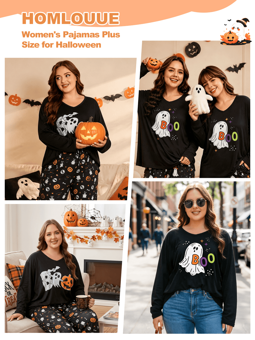 Homlouue Halloween Womens Plus Size Pajama Sets 2-Piece, Cute Ghost Print V-Neck Loungewear with Pockets, Soft Sleepwear for Holiday