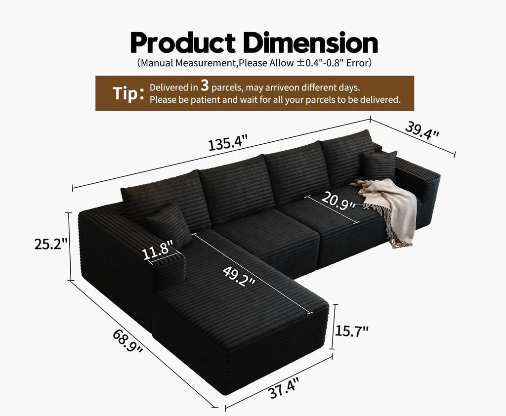Settab Modular Sectional Sofa, 2 Seater Left-Facing Chaise, Black, 68.9 inch D x 107.5 inch W x 36.3 inch H