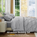 Sasttie Queen Size Comforter Set, 7-Piece Bed in a Bag, Pintuck Bedding Sets for All Season, Light Grey